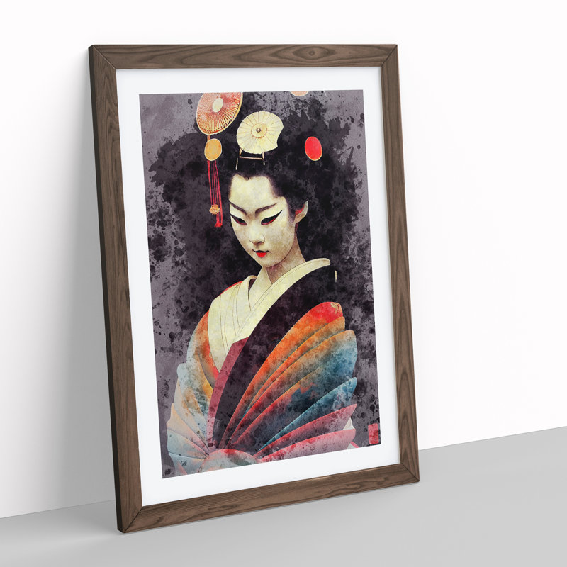 Geisha Watercolour No.1 - Single Picture Frame Painting, 64cm H x 46cm W x 2cm D, Walnut