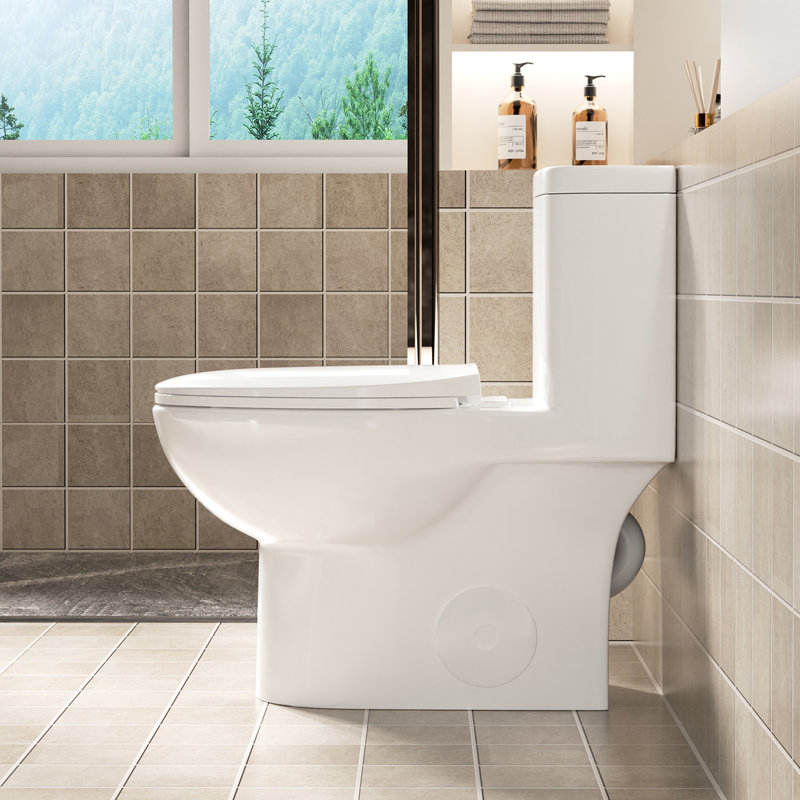 Toilette moderne avec siège de 17 po, chasse double 1,1 / 1,6, cuve en céramique sans rebord, blanc brillant à fermeture en douceur 006 pour salle de bain à hauteur d'une pièce, lavabo, silencieux