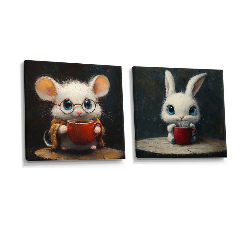 Drôle de lapin ayant un thé I - souris, art mural - décoration murale moderne 2 pièces, H 16 po x l 33 po, Does Not Apply
