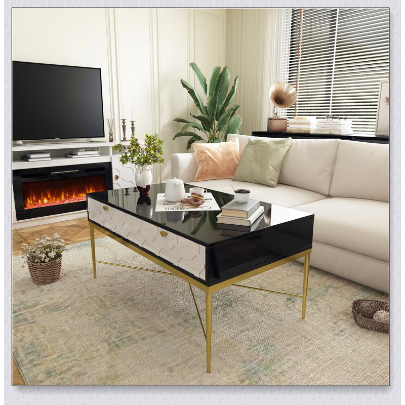 Table basse moderne en noir et blanc avec 2 tiroirs, solution de rangement élégante pour le salon