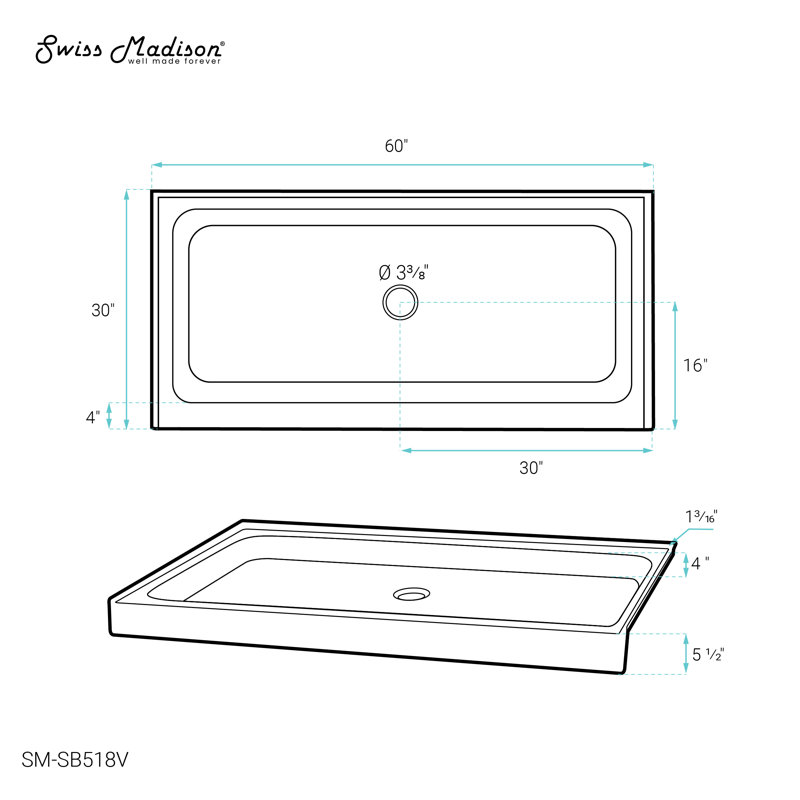 Voltaire 60 po x 30 po à simple seuil, drain central, base de douche, Biscuit