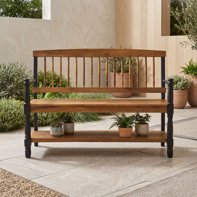 Acacia Wood Entryway Bench with Built-In Storage Shelf, Hand-Carved Details and Comfortable Armrests