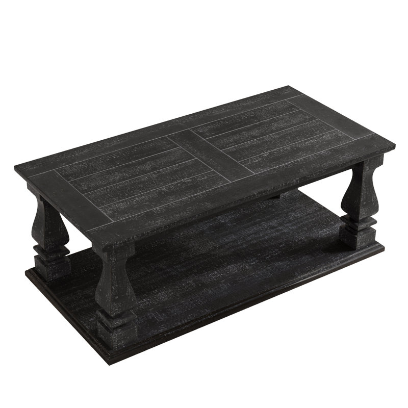 47" Black Farmhouse Coffee Table With Heavy Planked Top And Storage Shelf, Antique Black