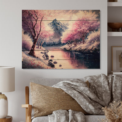 Paysage d'hiver en beauté en rose magenta et bleu I - impression de forêt sur bois