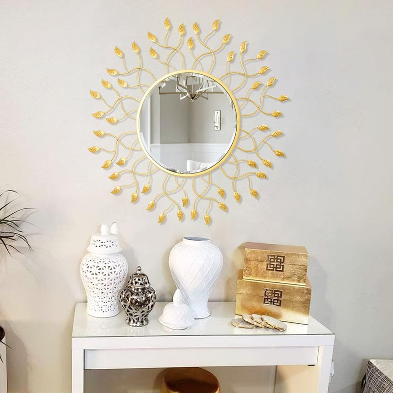 Grand miroir 32 po x 32 po pour le décor du salon, miroir mural rond avec feuilles en métal, miroir décoratif biseauté pour l'entrée, la salle à manger, la chambre à coucher
