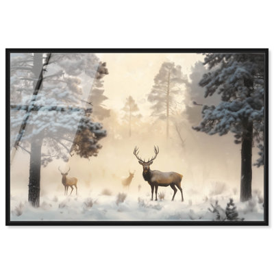 Décoration murale encadrée "Deer in Winter Forest" par Art Remedy, cadre noir, 45 x 30