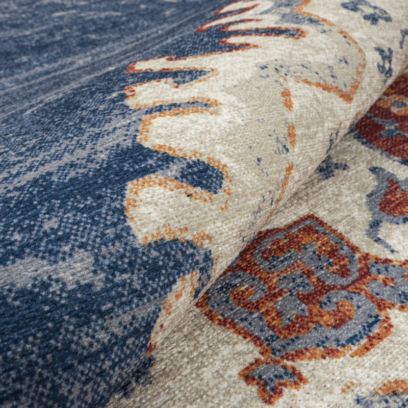 GLN Rugs Vintage Collection - Machine Washable Area Rug, Vintage Washable Rug, Non Slip Area Rug, Low Pile Living Room Rug, Bedroom Rug, Bathroom Rug - Easy Clean (Blue and Multicolor Rug)