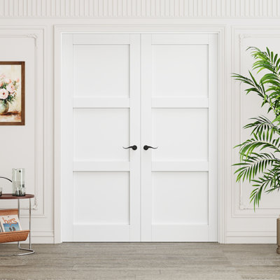 Interior 3-Panel Solid Core Door, CARB P2 Certified MDF Double French Doors, Includes Matte Black Hardware-Privacy Door Lever with Lock, Latch & Hinges, Pre‑Finished & Waterproof, Pantry, Bedroom, Bathroom & Closet, Easy DIY Stain, 56"x 96"