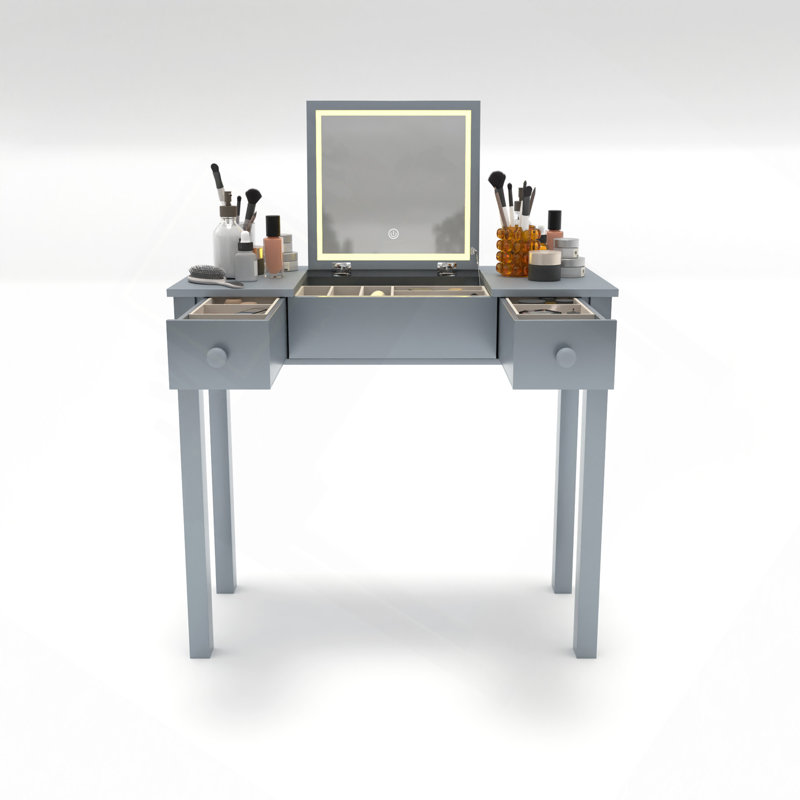 Vanity Desk With Flip-Top Mirror & Storage With 3-Level Adjustable Lighting,15.75" Deep Makeup Table 2 Drawers & 3 Removable Organizer Boxes Compact Home Office Desk