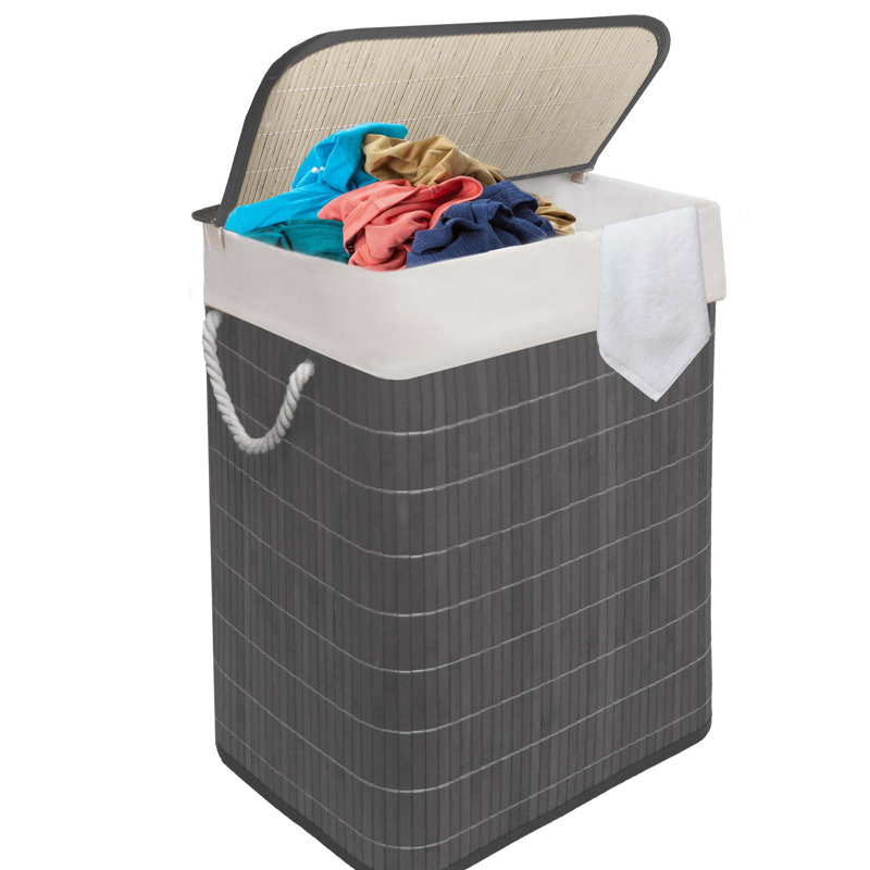 Bamboo Laundry Hamper 105l Dual Compartment Basket Removable Liner Foldable Storage Hamper With Lid, Grey