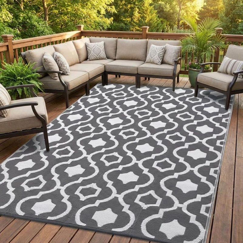 Waterproof Reversible Outdoor Rug – Durable Plastic Straw Area Carpet for Patio, Balcony, Camping, RV, Deck, Backyard – Lightweight, Boho Style – Gray & White, 9x12ft (270x360cm)
