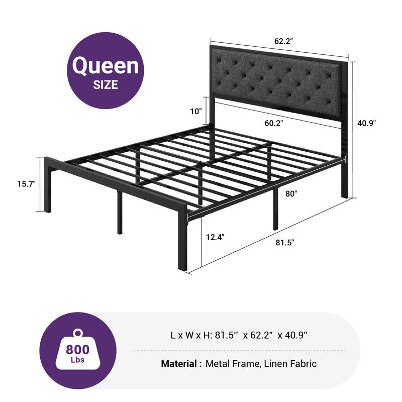 Katri Upholstered Metal Platform Bed, Queen, Dark Gray