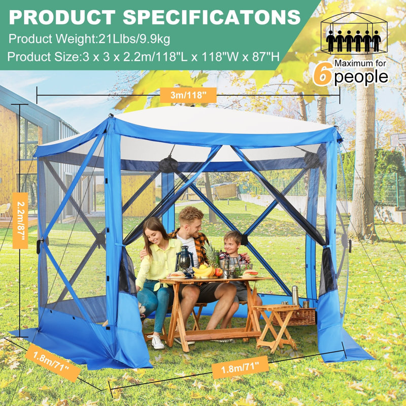 10x10ft Camping Gazebo Screen Tent, 5 Sided Pop-up Canopy Shelter with Mesh Windows, Blue