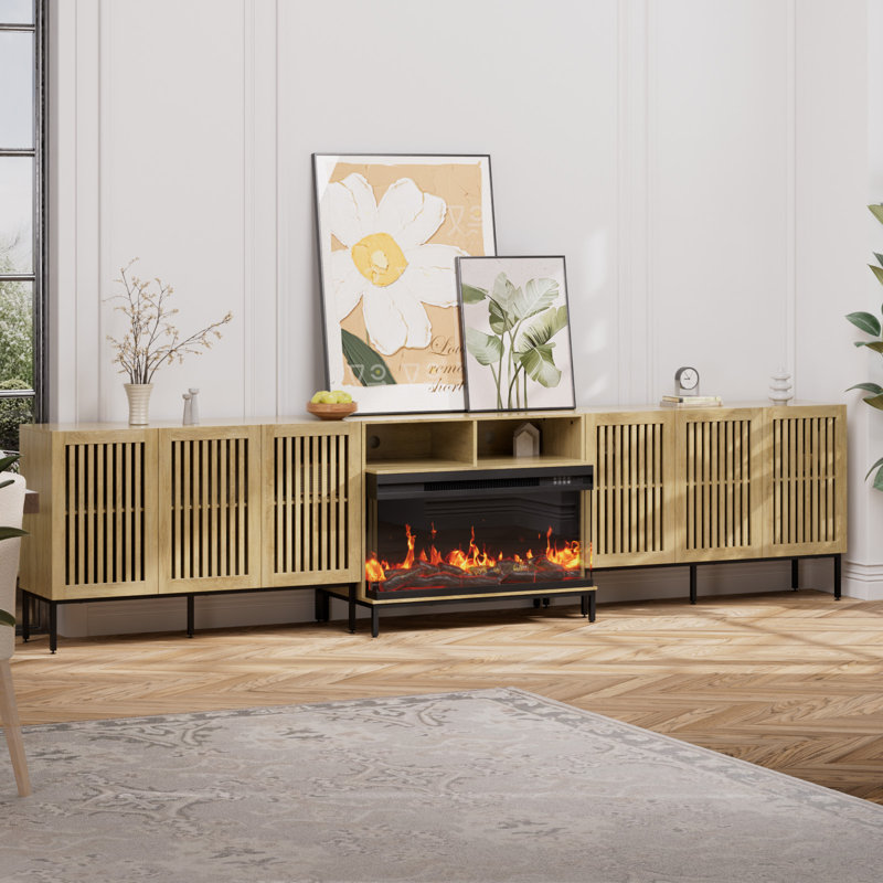 3-sided Glass Farmhouse Fireplace Tv Stand For Tvs Up To 110 Inch, Entertainment Center With 36" Electric Fireplace, Oak Tv Console With Storage Cabinets For Living Room