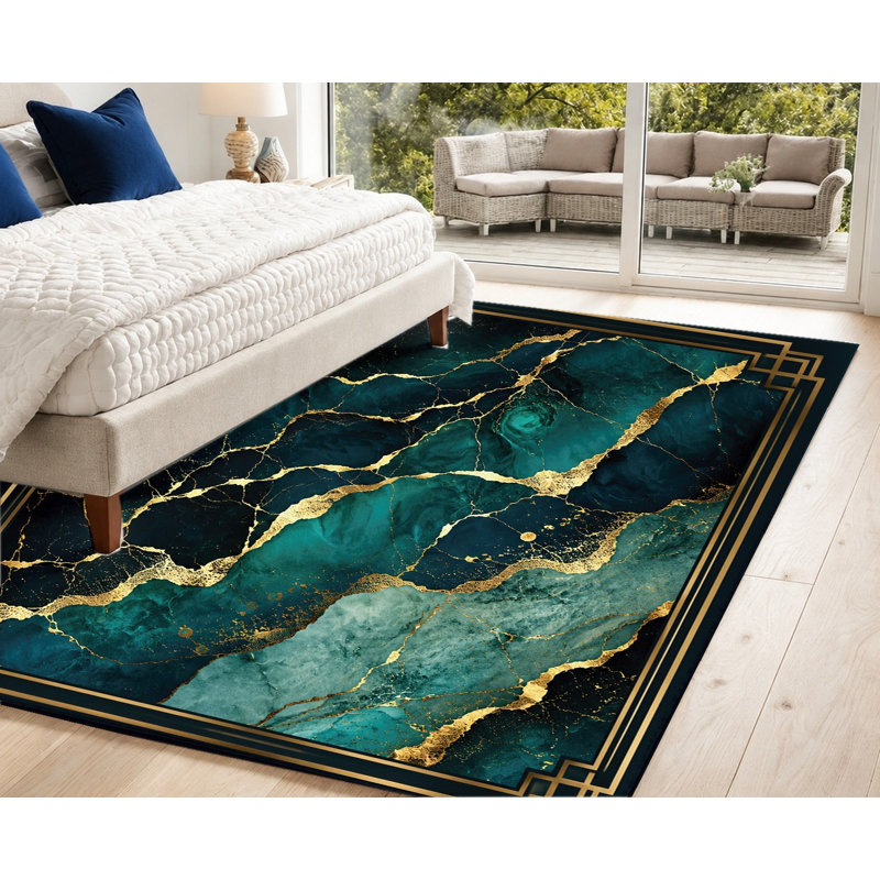 Tapis en velours artistique de luxe en marbre Emerald, Rectangle 6 pi 7 po x 4 pi 7 po (200 x 140 cm)