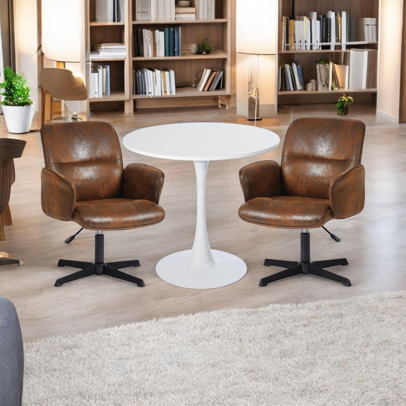 Ensemble 3 pièces de chaise pivotante et de table ronde 3 pièces pour salle de conférence ou espace de réunion, Blanc / Brun