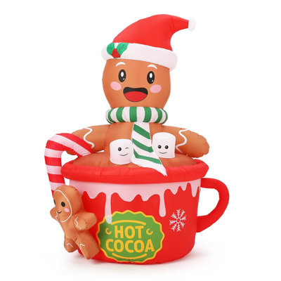 Bonhomme en pain d'épice gonflable de Noël de 1,80 m dans une tasse de chocolat chaud – Décoration de jardin avec DEL