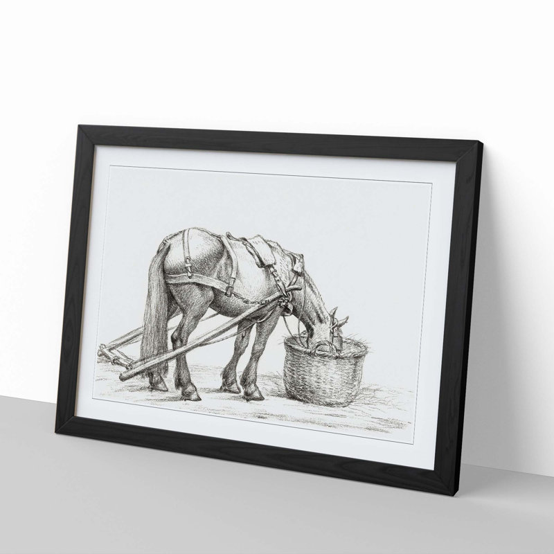 Horse Drinking by Jean Bernard - Picture Frame Drawing Print, 36cm H x 48cm W x 2cm D, Black Framed