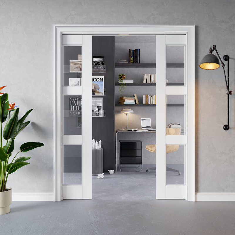 Porte intérieure coulissante à trois vantaux en verre clair, MDF CARB P2 et verre trempé SGCC, avec cadre renforcé et quincaillerie incluse, pour chambre à coucher, préfinie et imperméable, idéale pour garde-manger, chambre, salle de bain et garde-robe, teinture facile à appliquer soi-même, 183 cm x 203 cm