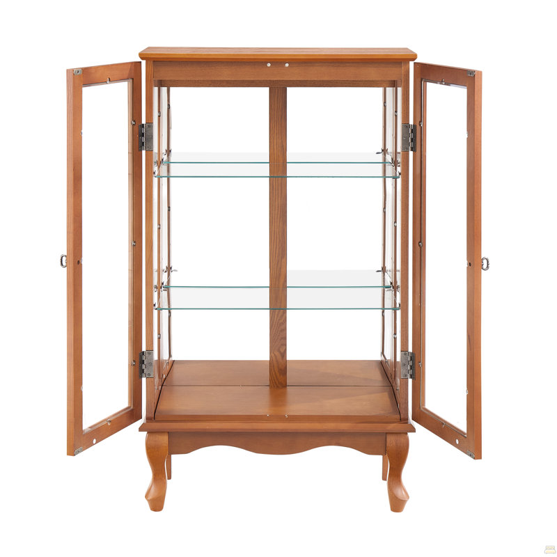Vitrine 2 portes avec portes en verre trempé, panneau arrière en miroir et tablettes réglables, Chêne foncé