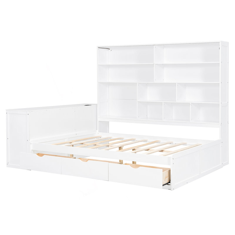 Lit de jour en bois avec trois tiroirs, bureau, tablettes et lumières UnaNoxa, Blanc