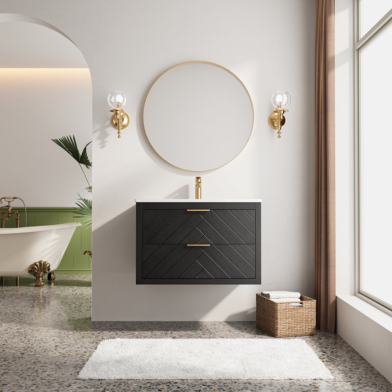 Wall Mounted & Floating Single Vanity with Ceramic Sink, Black, 30"