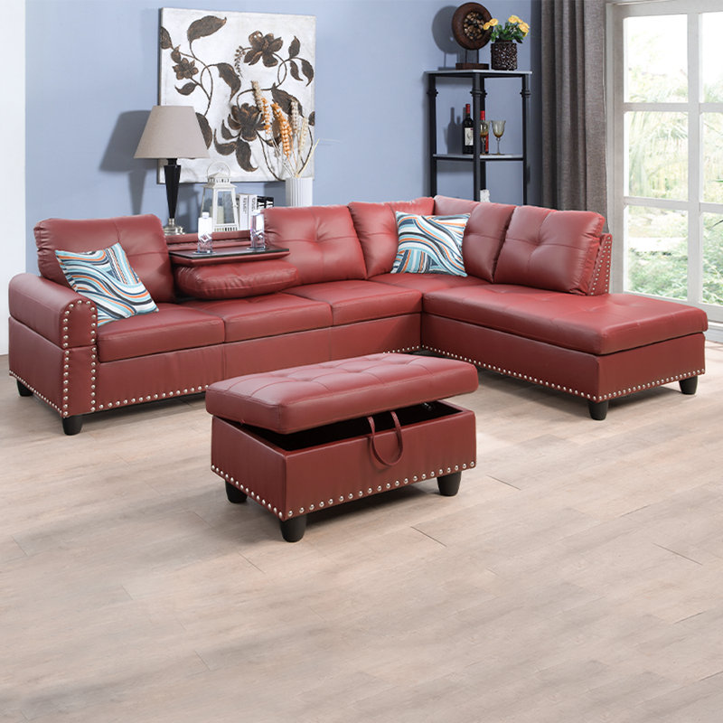 Canapé modulaire avec repose-pieds Plyler, Orienté à droite, Similicuir rouge