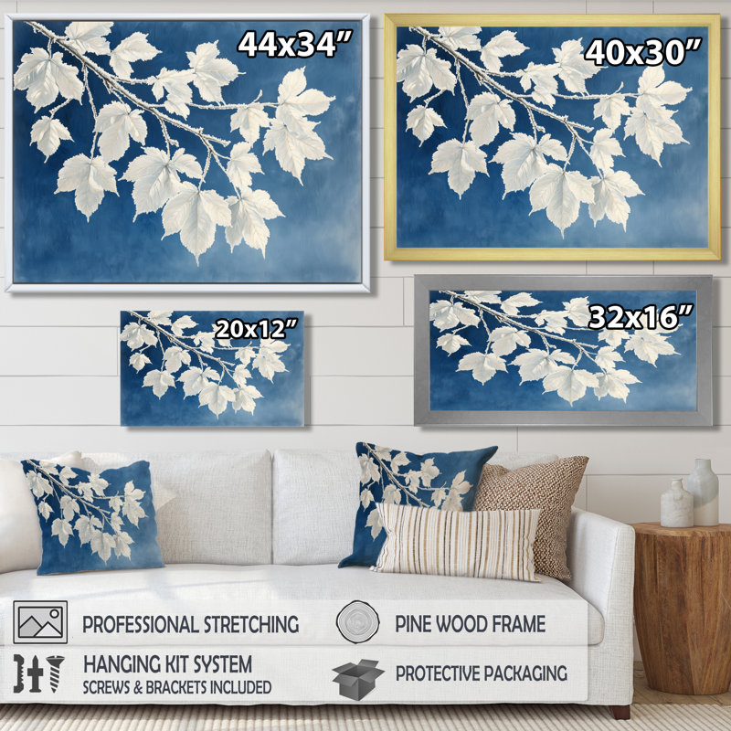 «White Frosted Leaves Branches II» - art mural feuilles, H 30 po x l 40 po, Impression encadrée flottante, Blanc