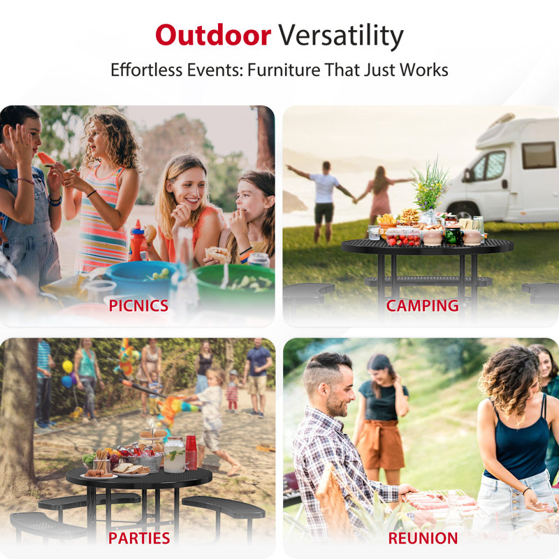 Leisure Craft 46" Round ADA Accessible Outdoor Picnic Table with 3 Bench Seats, Black