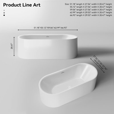 MonBlari 59" X 27.5" Freestanding White Soaking Acrylic Bathtub with Overflow and Pop-up Drain For Bathroom