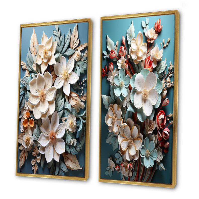 Elegant Paper Mache Plumeria Blooms - Plumeria Canvas Prints Set Of 2, 40" H x 41" W, Gold Framed