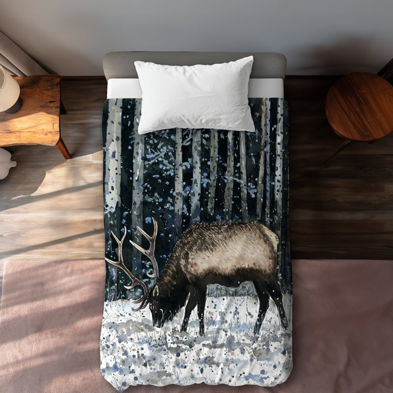 Caribou in the Winter Forest - Snow Rustic Duvet Cover