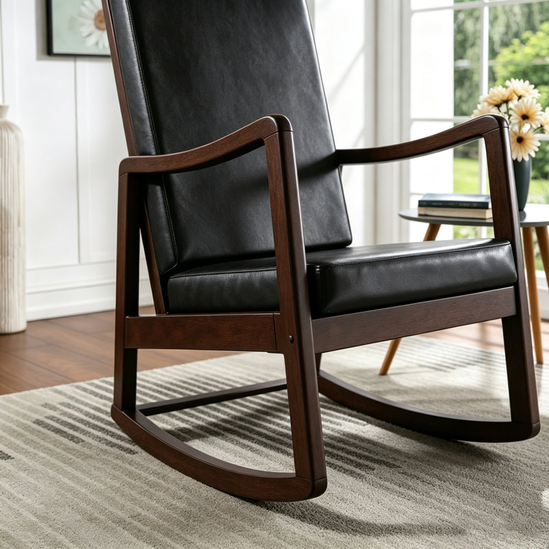 Chaise berçante en cuir synthétique brun foncé et finition espresso