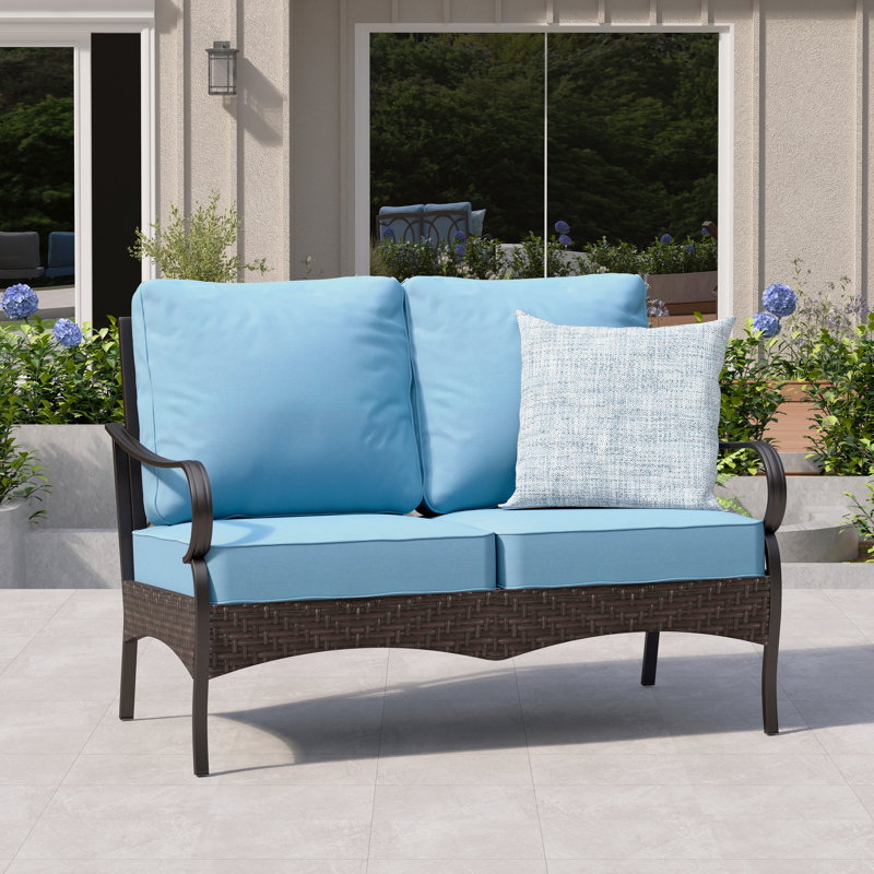 Causeuse d'extérieur en métal avec coussins et décoration en osier de 53 po de largeur, Bleu