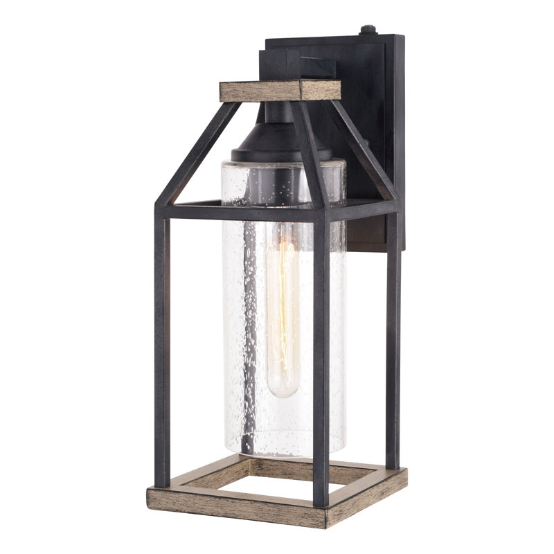 Adelgund 15 in. H 1-Light Forged Black and Rustic Elm Dusk to Dawn Sensor Outdoor Wall Sconce, Durable Steel, Clear Seeded Glass Shade, LED Compatible for Porch Patio Front Door or Garage