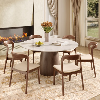 Table de salle à manger ronde 6 pièces avec chaises ergonomiques en bois Bobrow