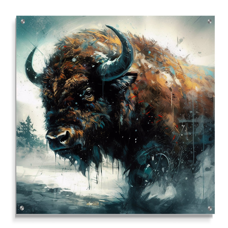 Portrait de bison dans la nature II - Buffalo, verre d'art mural en acrylique, H 16 po x l 16 po