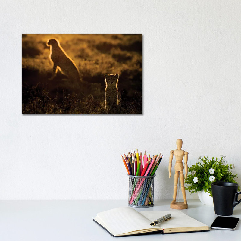 Africa, Tanzania, Ngorongoro Conservation Area. Adult And Young Cheetahs At Sunset. by Jaynes Gallery - Wrapped Canvas Painting