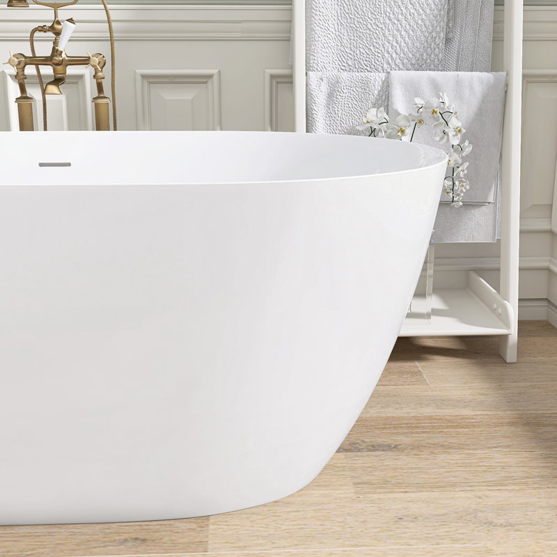 Acrylic Freestanding Bathtub 59'' x 30'' Stand Alone  Deep Soaking Tub with Pop-up Center Drain, Glossy White