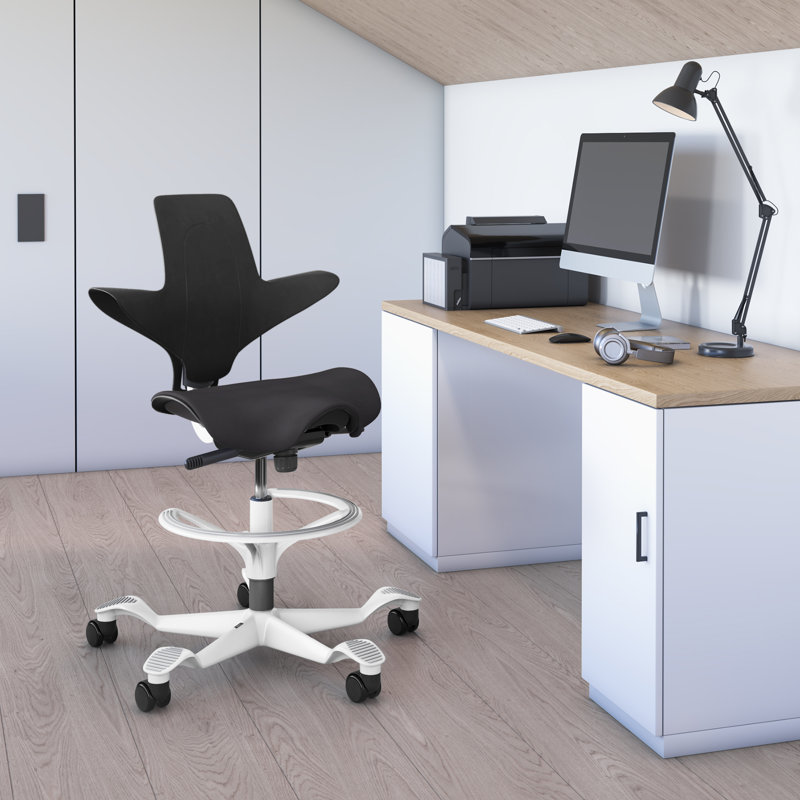 HAG Capisco Puls Adjustable Sit to Stand Desk Chair with Full Cushion and Footring, White, Black Plastic, Black