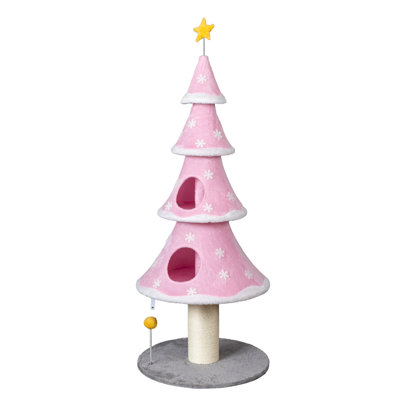 Arbre à chat rose de 150 cm (59 po), grand modèle en molleton doux avec 2 niches, griffoir en sisal, jouet d'éveil et base robuste, tour de jeu à plusieurs niveaux pour chats d'intérieur