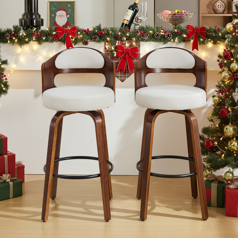 Curved Wood Swivel Barstools-PU Leather best for kitch island,home bar and workspaces, White, Bar Stool (29.3” Seat Height)