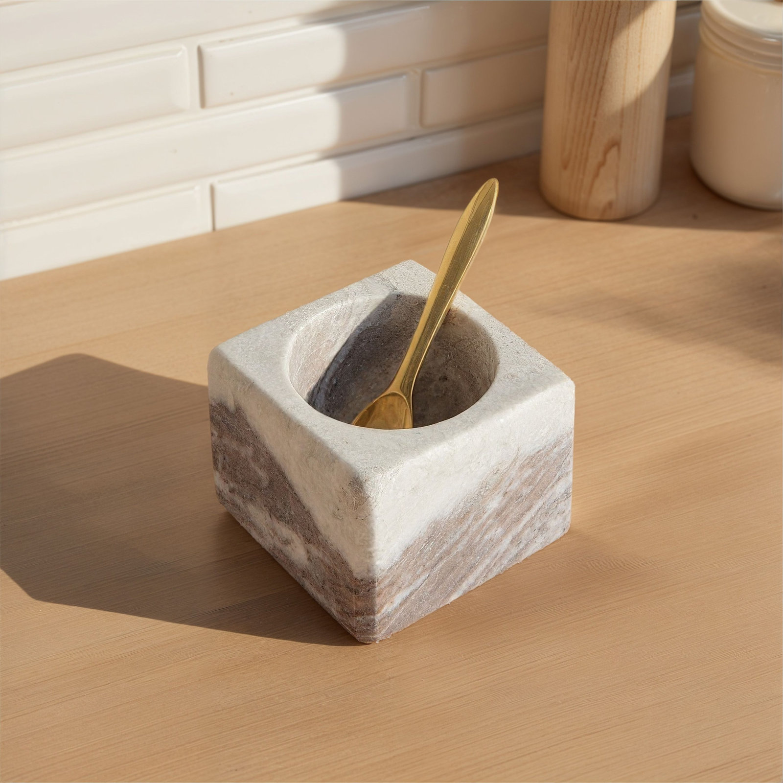 Fenster Square Marble Bowl with Brass Spoon, Light Gray