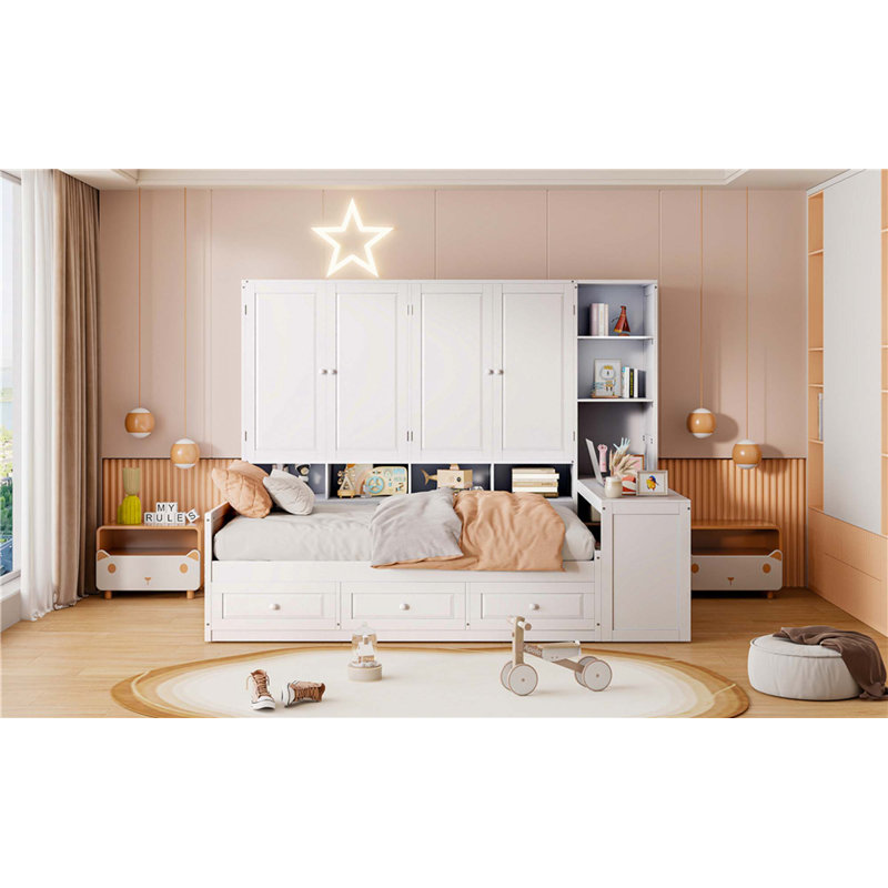 Wooden Daybed With Three Drawers,And All-In-One Cabinet,Desk And Shelves, White, Full