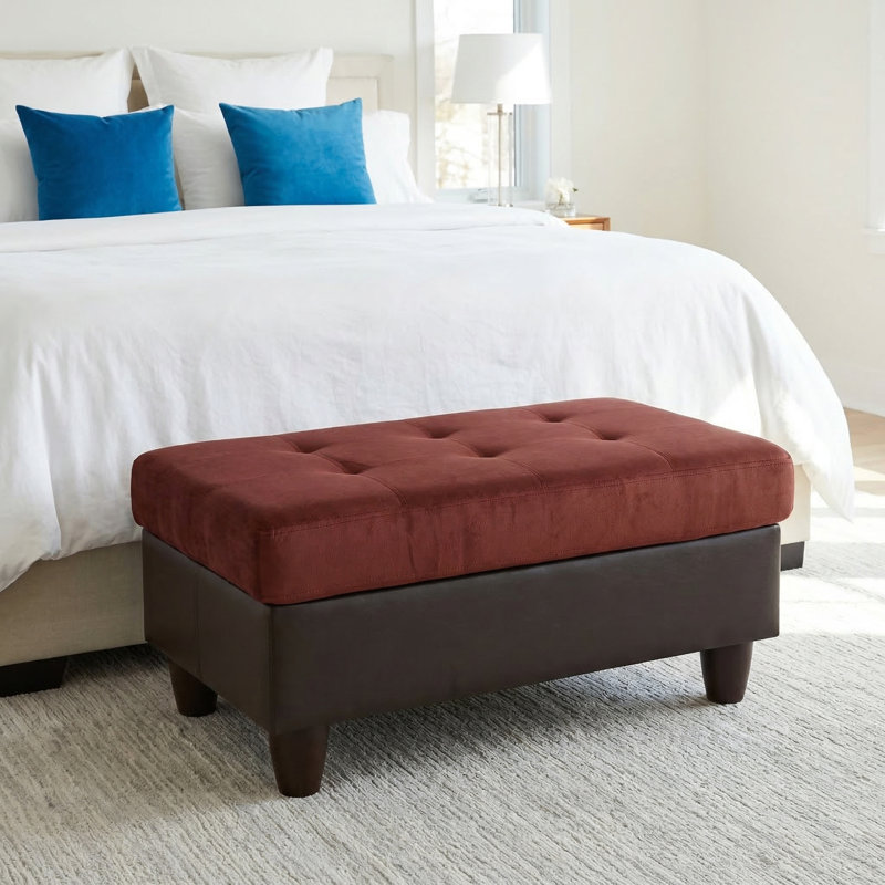 Red & Brown Storage Ottoman | Flannel + Faux Leather | X-stitching | Solid Wood Frame