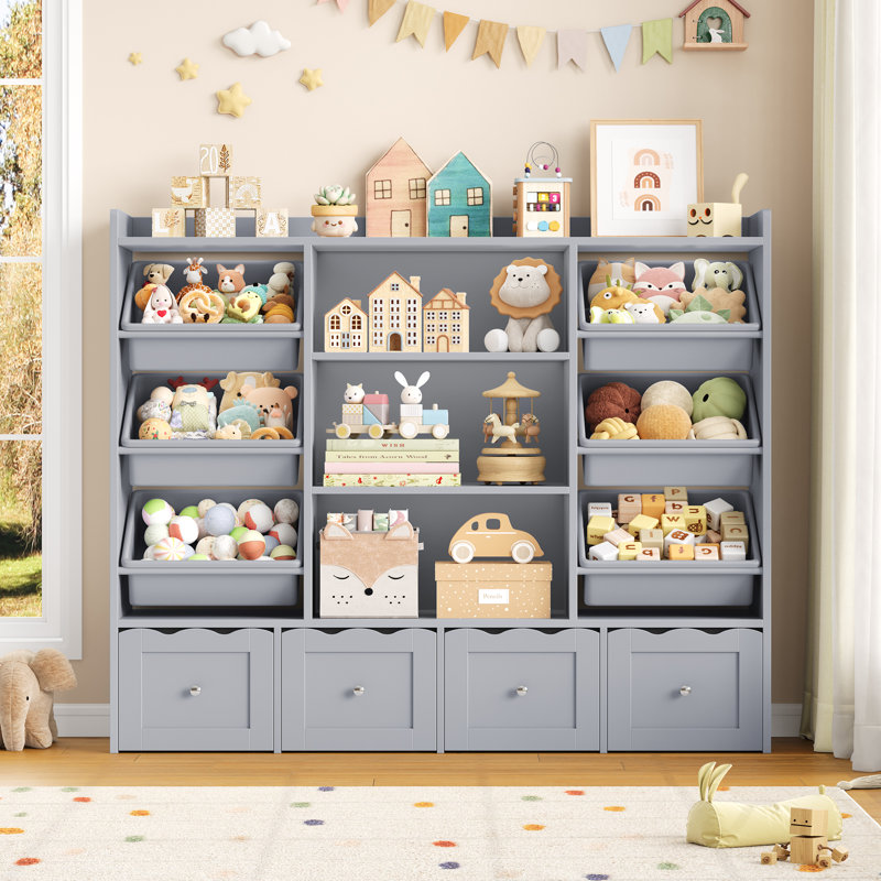 Organisateur multifonctionnel pour enfants: l 55 po x H 48 po: bibliothèque de jouets à 4 tiroirs et bibliothèque avec 6 bacs amovibles