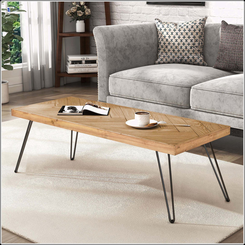 Table basse avec motif à chevrons, pieds en épingle à cheveux en métal et assemblage facile pour le salon, finition en bois de frêne