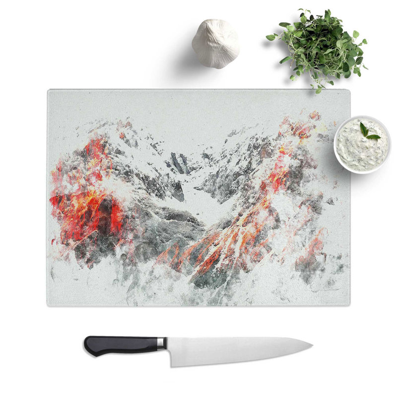 Tempered Glass Alpenglow upon the Mountains Watercolour Chopping Board, 28.5 cm x 39 cm