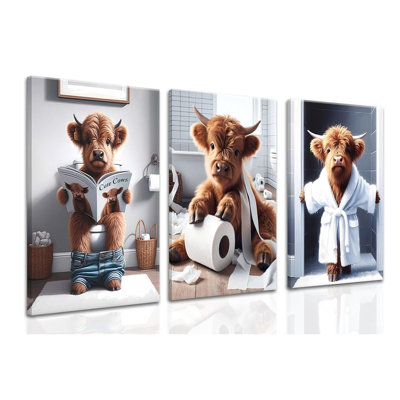 Highland Cow Funny Bathroom Wall Art Set Of 3 Brown Cute Cow Animal Canvas Posters Prints Vintage Rustic Farmhouse Home Pictures Wall Decor Painting For Bathroom Restroom 16X24inch Framed