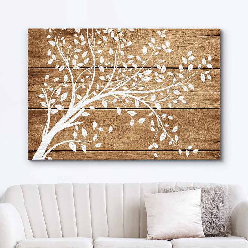 Artistique, branches et feuilles sur fond de bois brun - impression sur toile tendue, H 16 po x l 24 po x 1,5 po